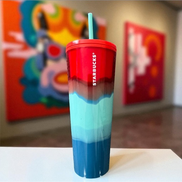 Starbucks Other - Starbucks Venti 24 oz tumbler in red, blue and turquoise marble waves
